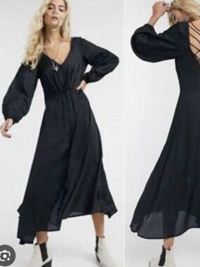 Free People Later Days Black Lattice Long Sleeve Dress